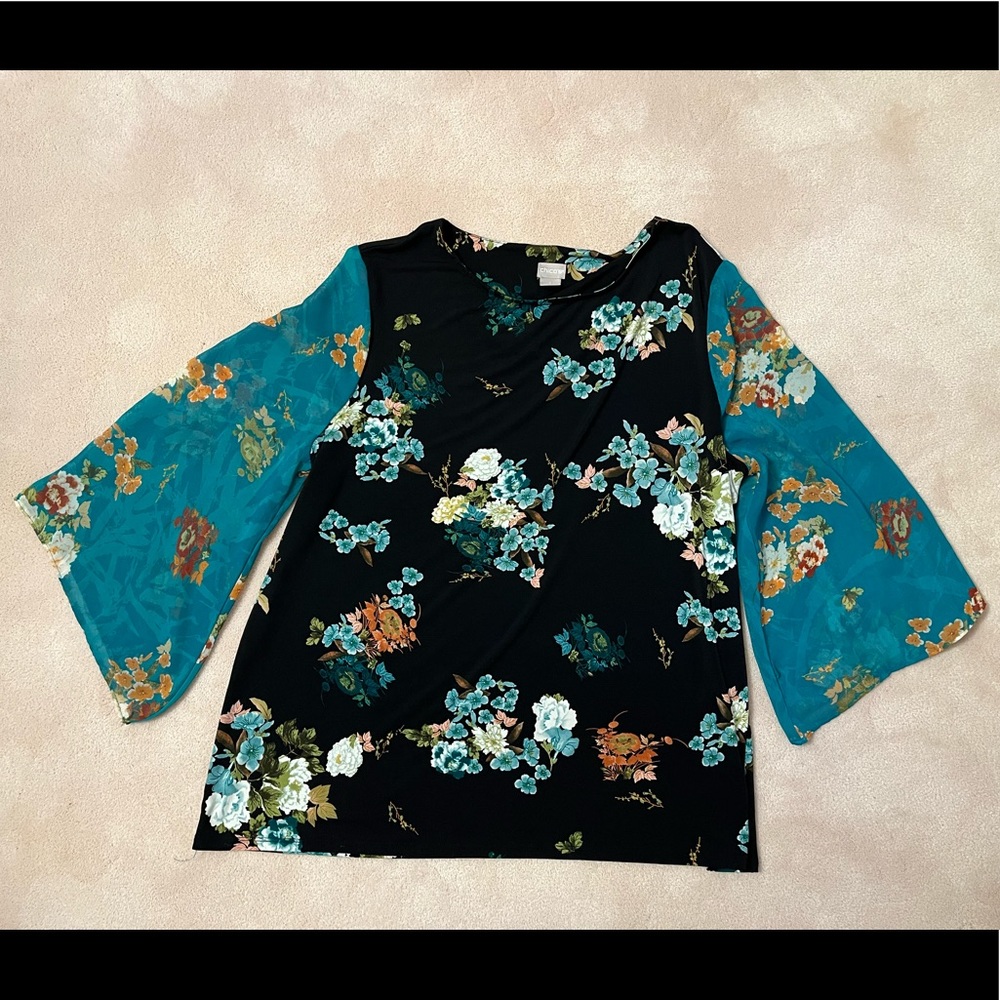 Chicos Floral Top with Chiffon Sleeves